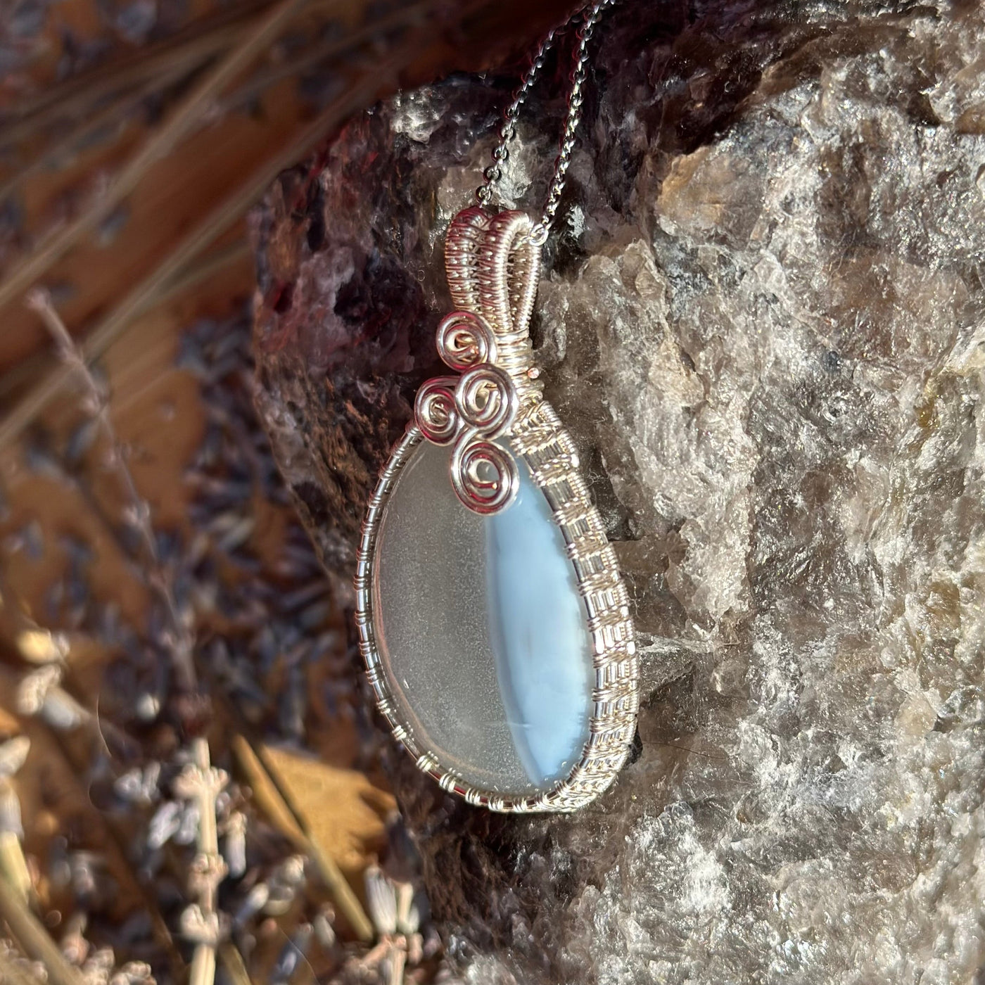 Blue Lace Agate Handmade Wire Wrapped Necklace - Artisan Made