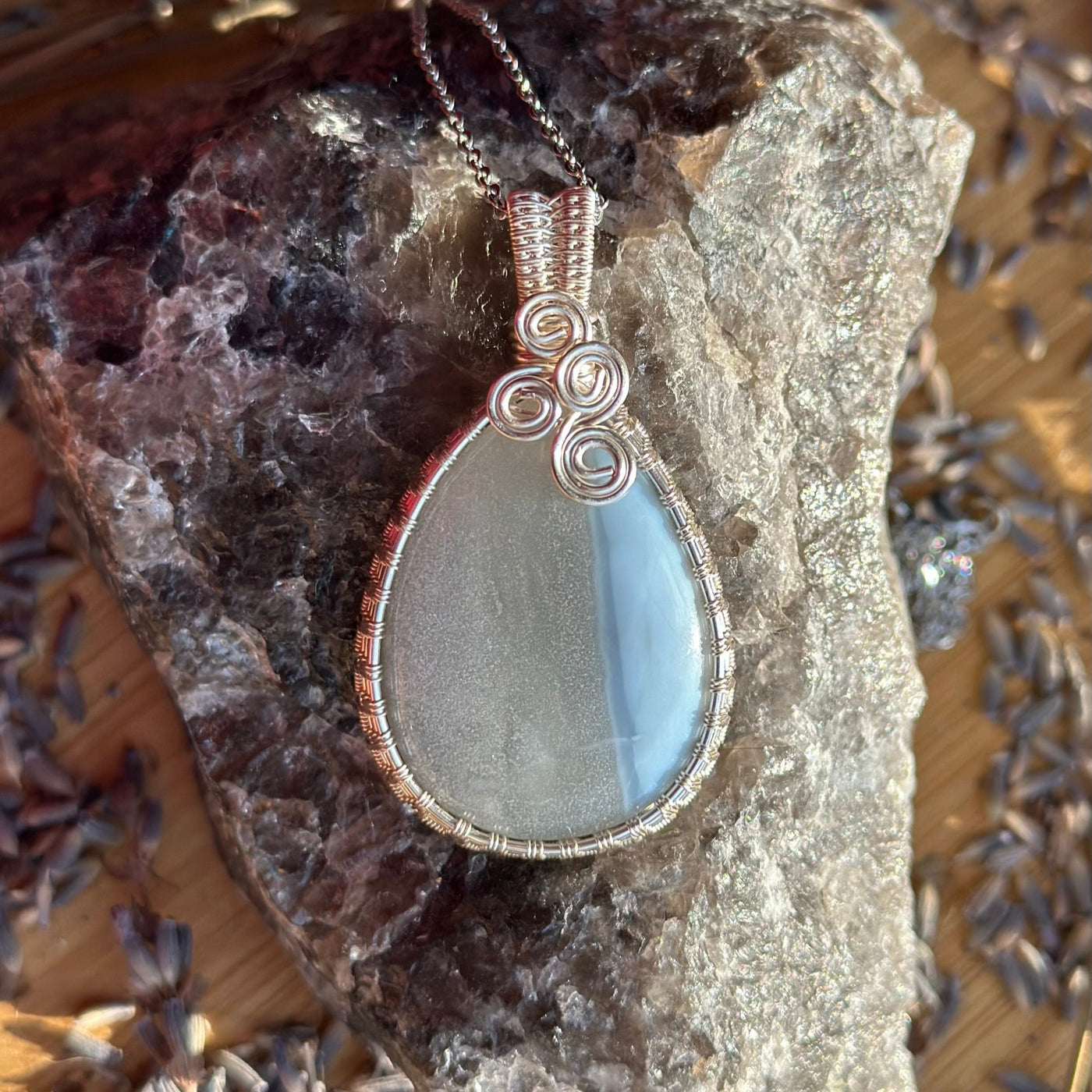 Blue Lace Agate Handmade Wire Wrapped Necklace - Artisan Made
