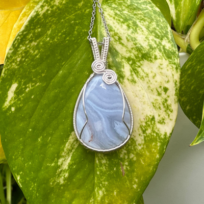 Blue Lace Agate Wire Wrap Necklace - Artisan Made