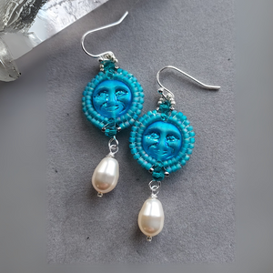 "Blue Moon" Beaded Moon & Pearl Earrings - Artisan Made