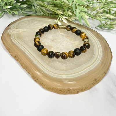 Blue Rutile Quartz, Hawk's Eye and Roble Wood Stretch Bracelet-Artisan Made