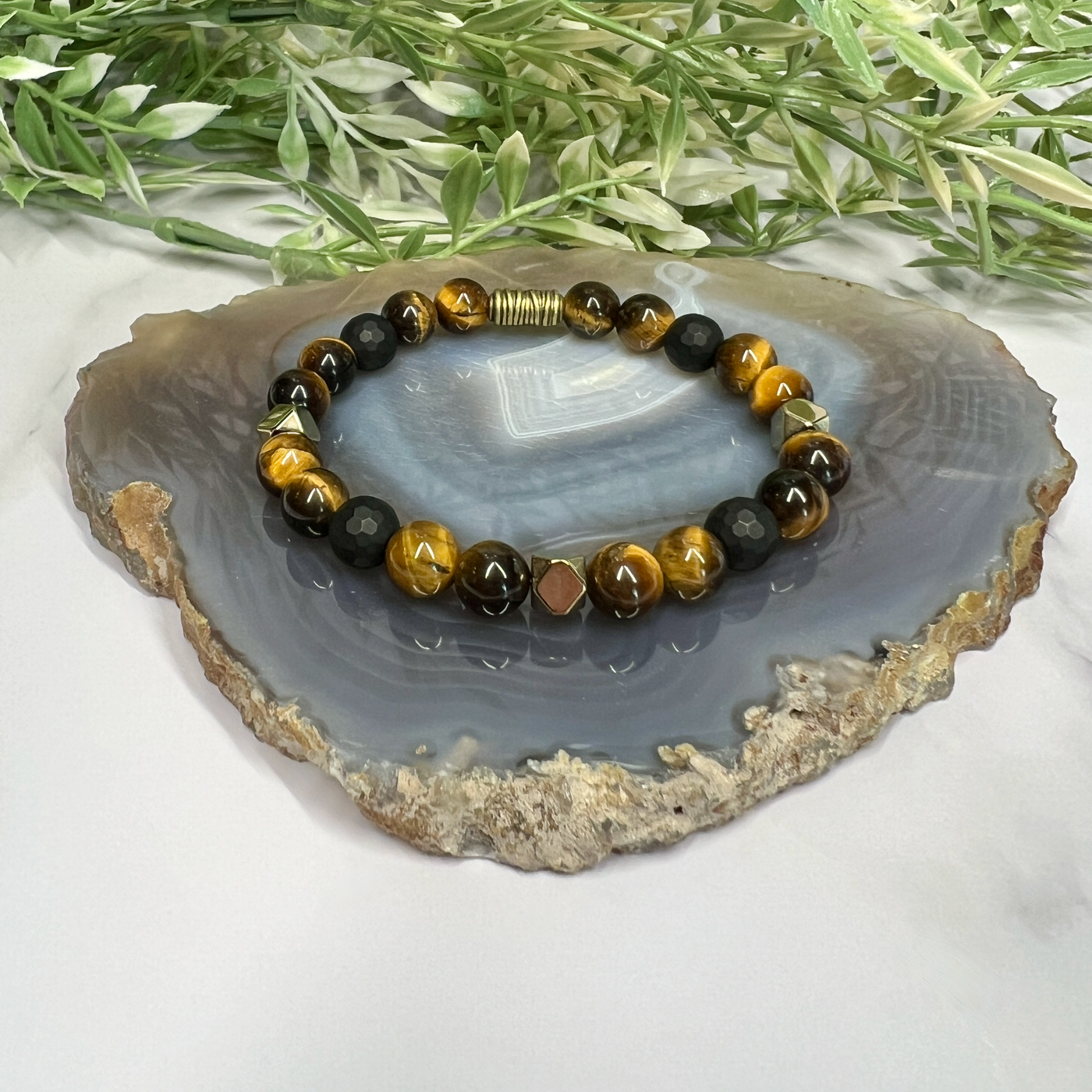 Blue Rutile Quartz, Hawk's Eye and Roble Wood Stretch Bracelet-Artisan Made