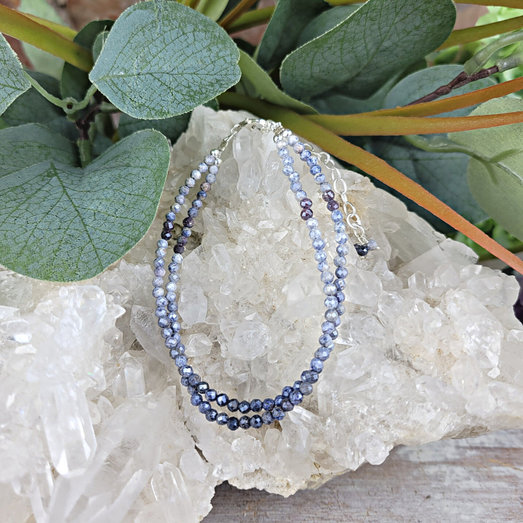 Blue Sapphire Beaded Double Strand Adjustable Bracelet or Anklet with sterling silver Clasp 7.75" to 9.5"