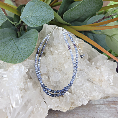 Blue Sapphire Beaded Double Strand Adjustable Bracelet or Anklet with sterling silver Clasp 7.75" to 9.5"