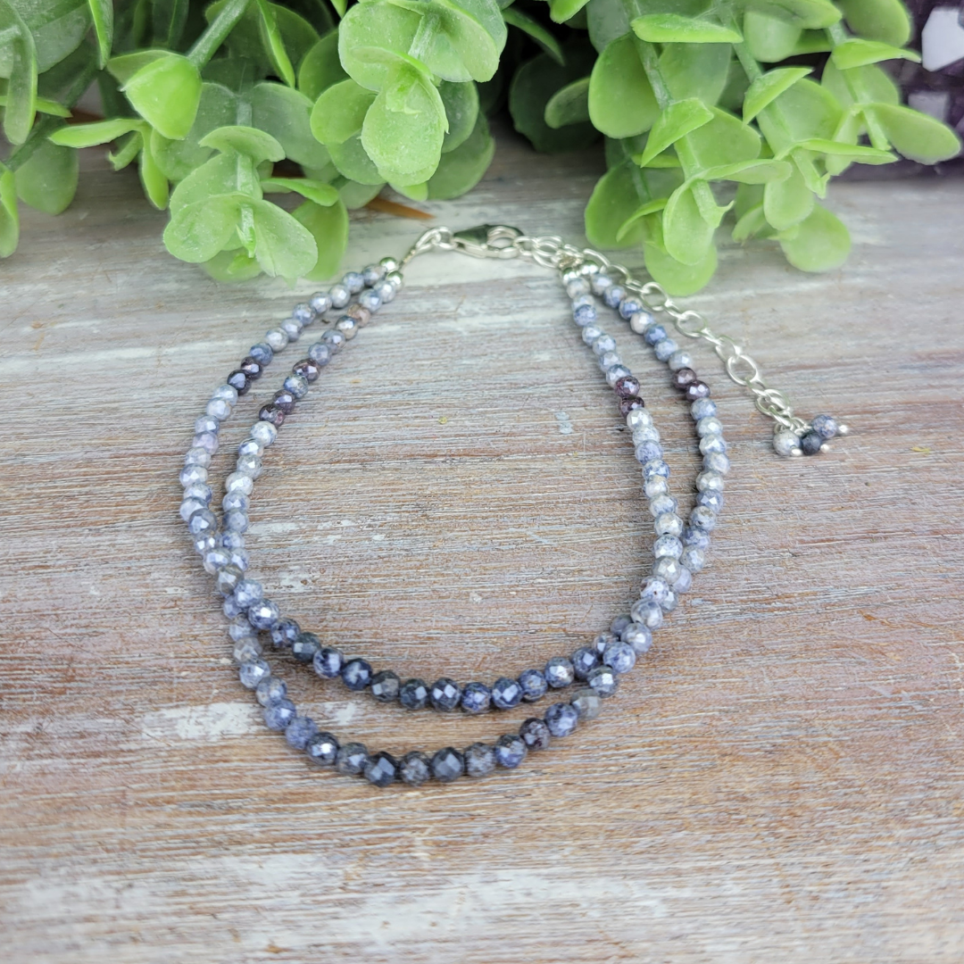 Blue Sapphire Beaded Double Strand Adjustable Bracelet or Anklet with Sterling Silver Clasp 7.75" to 9.5"
