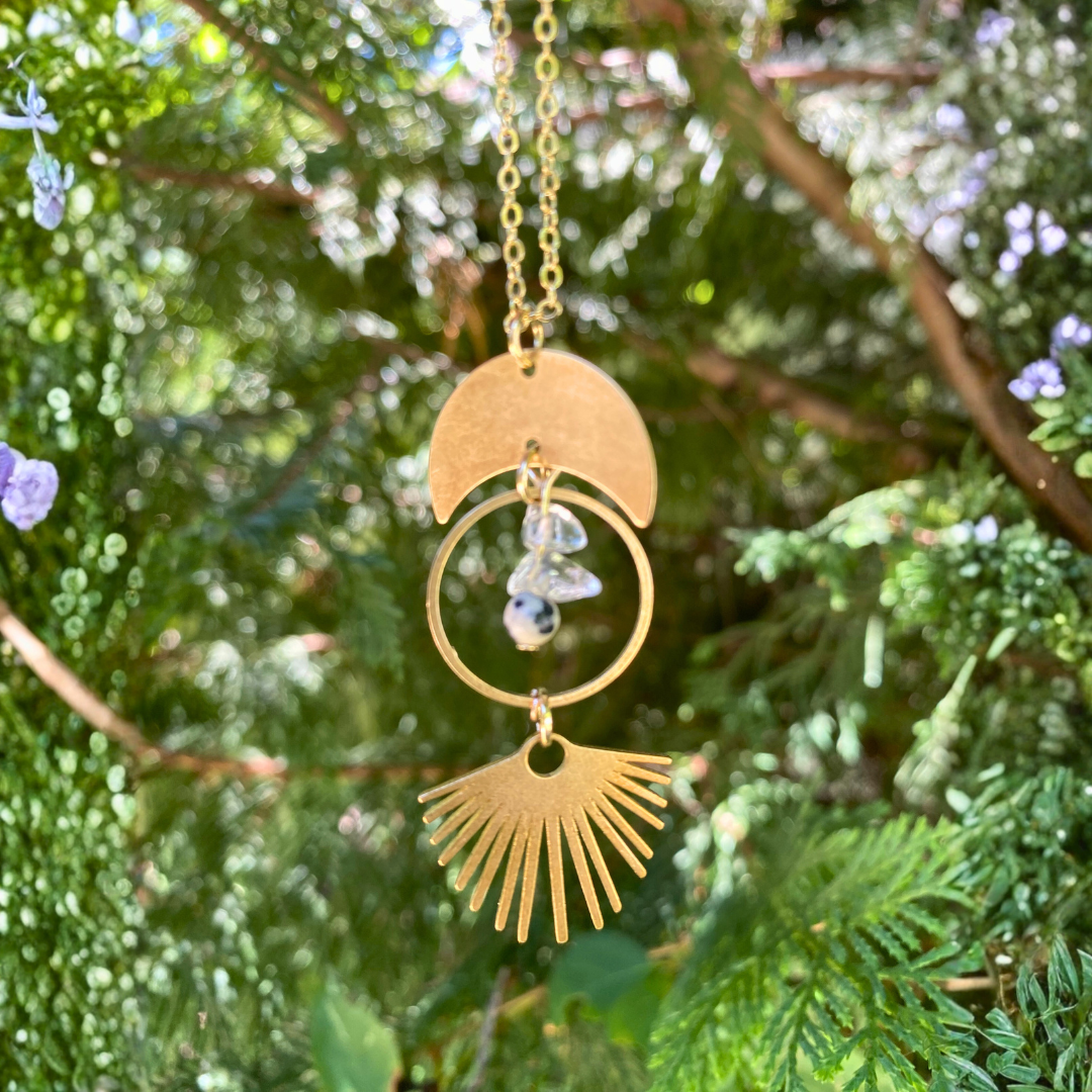 Boho Brass Quartz, & Dalmatian Jasper Necklace - Artisan Made