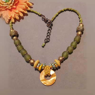 "Boho Tribe" African Recycled Glass & Shell Necklace - Artisan Made