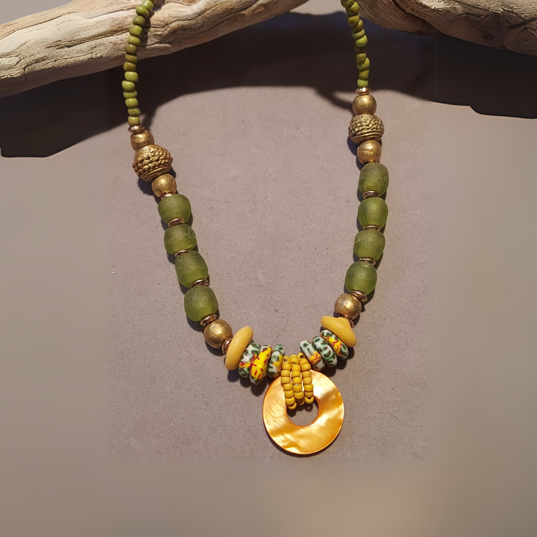 "Boho Tribe" African Recycled Glass & Shell Necklace - Artisan Made