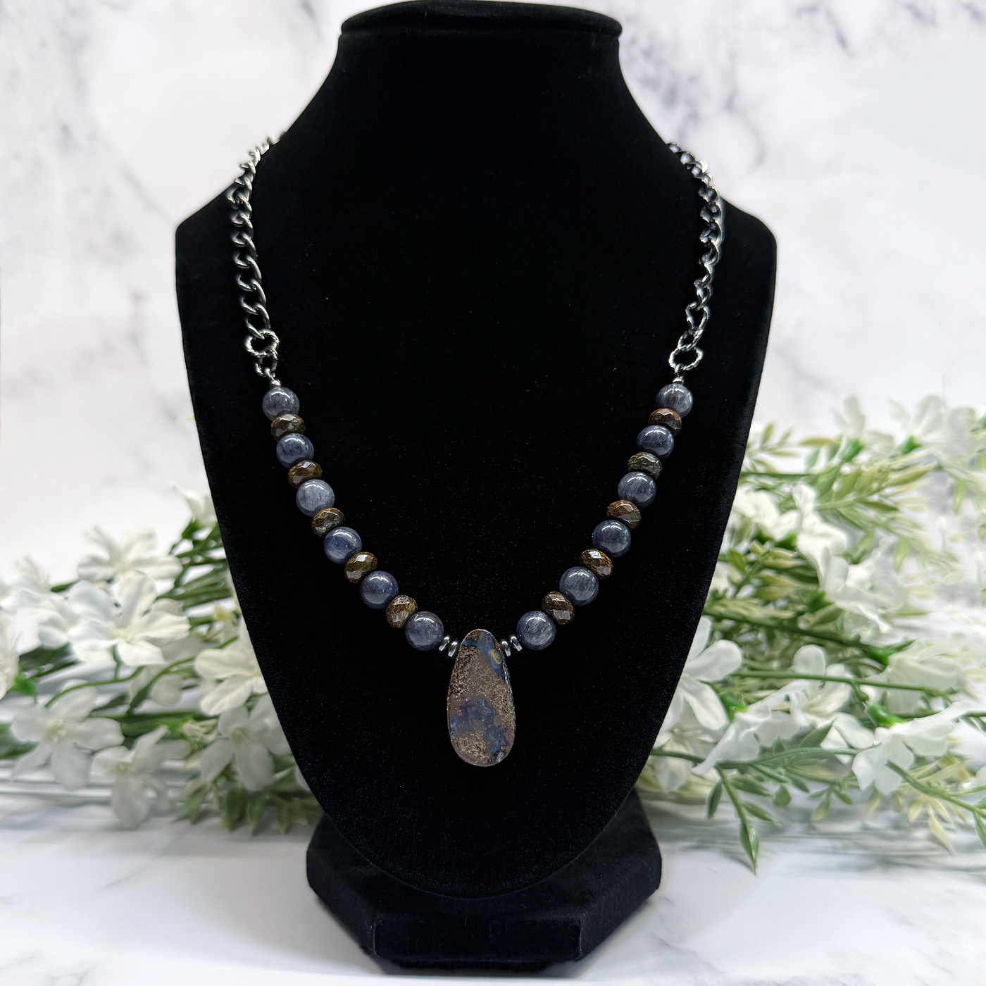 Boulder Opal, Bronzite and Blue Rutile Quartz and Gunmetal Chain Necklace - Artisan Made