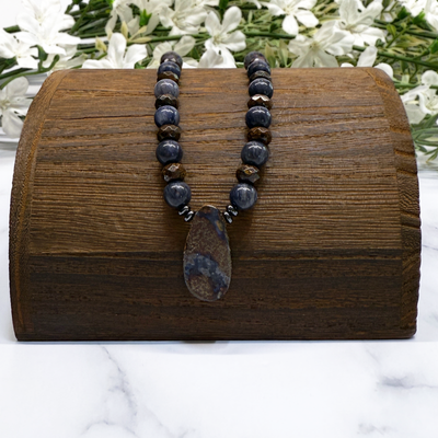 Boulder Opal, Bronzite and Blue Rutile Quartz and Gunmetal Chain Necklace - Artisan Made