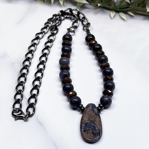Boulder Opal, Bronzite and Blue Rutile Quartz and Gunmetal Chain Necklace - Artisan Made
