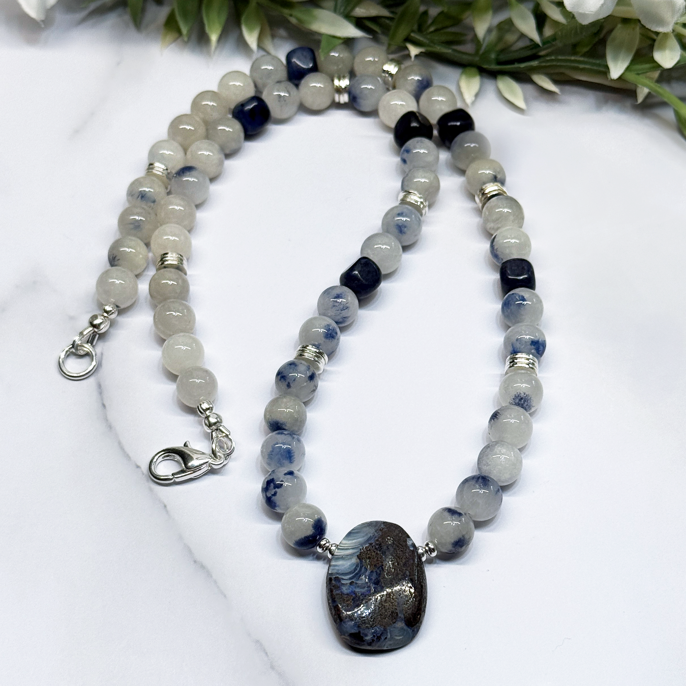 Boulder Opal, Dumortierite and Dumortierite in Quartz Necklace - Artisan Made