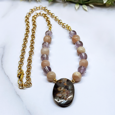 Boulder Opal Necklace with Sunstone and Lavender Amethyst - Artisan Made