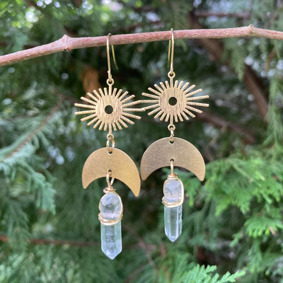 Brass Sun Moon Quartz Earrings - Artisan Made