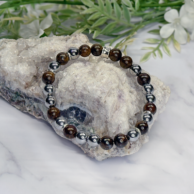 Bronzite, Hematite, Silver Plated Rondel Stretch Bracelet– Artisan Made