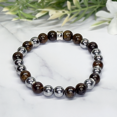 Bronzite, Hematite, Silver Plated Rondel Stretch Bracelet– Artisan Made
