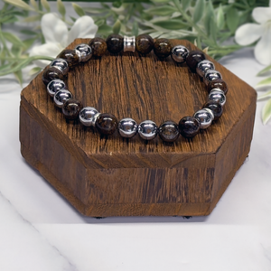 Bronzite, Hematite, Silver Plated Rondel Stretch Bracelet– Artisan Made