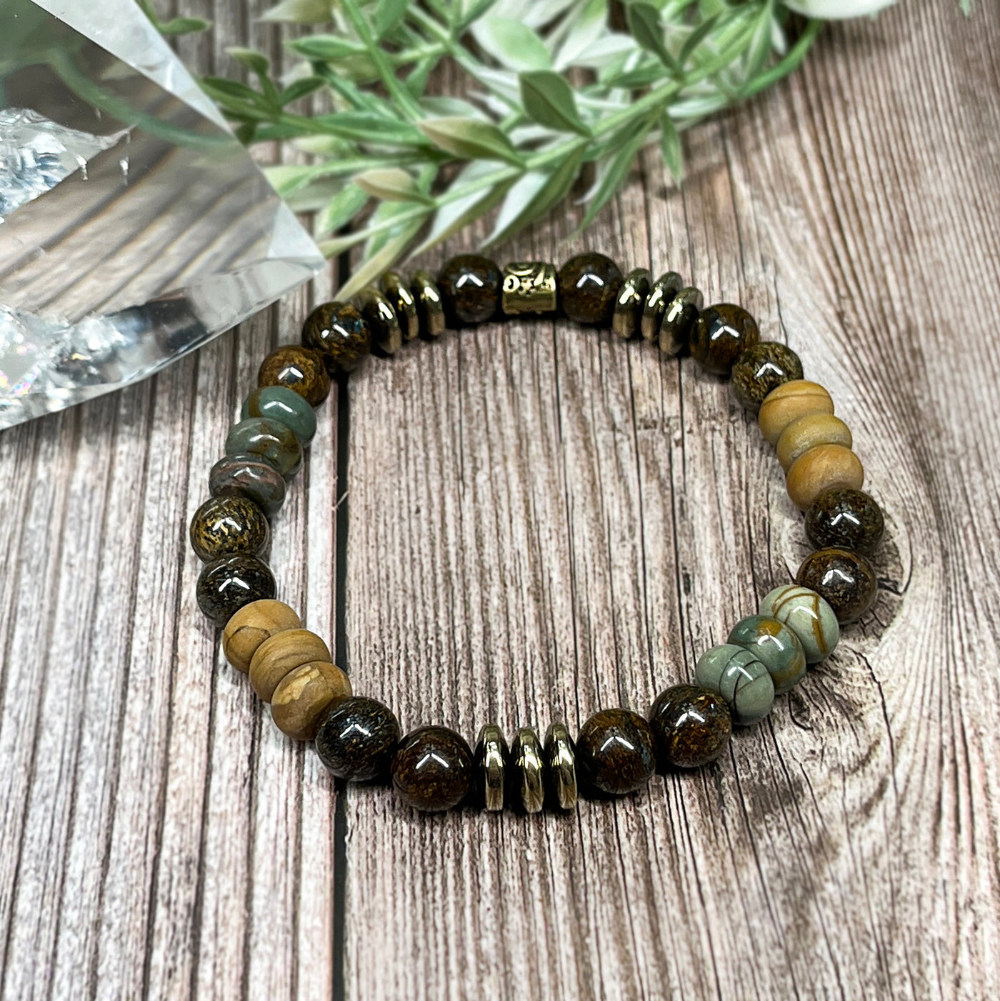 Bronzite, Pyrite, Red Creek & Wood Jasper Stretch Bracelet - Artisan Made