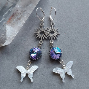 "Butterfly Garden" Mother of Pearl Butterfly, Crystal & Sunburst Earrings - Artisan Made