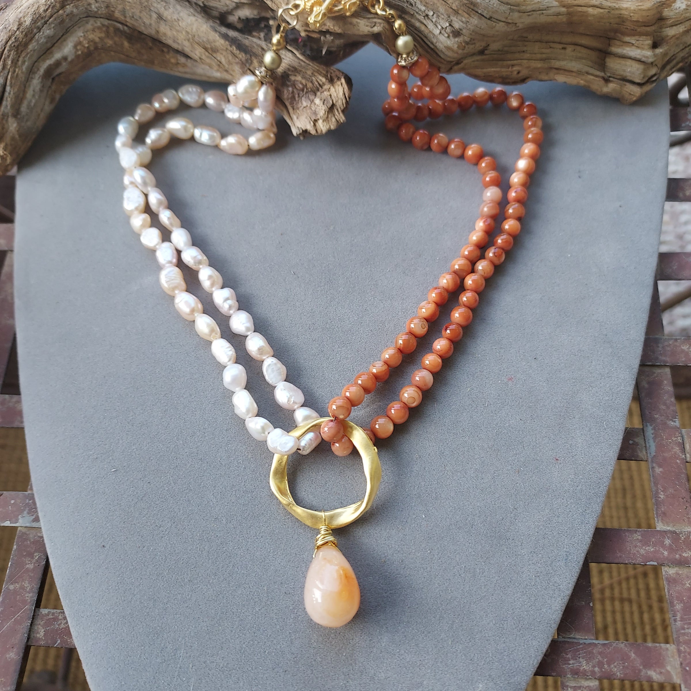 "Calming Inner Peace" Peach Moonstone, 2 Strand Pearl & Mother of Pearl Necklace – Artisan Made
