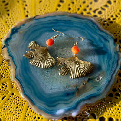 Carnelian Crystal Ginkgo Leaf Earrings - Artisan Made