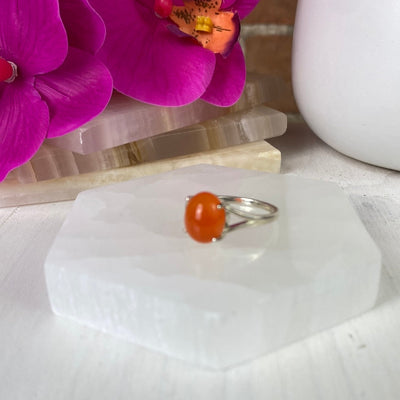 Carnelian Oval sterling silver Prong Ring with v-shaped band