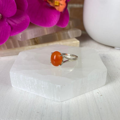 Carnelian Oval sterling silver Prong Ring with v-shaped band