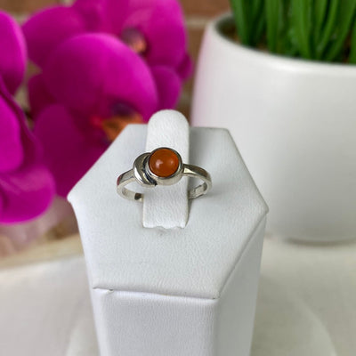Carnelian Round Gemstone Ring with Crescent Moon set in sterling silver with Sized Band