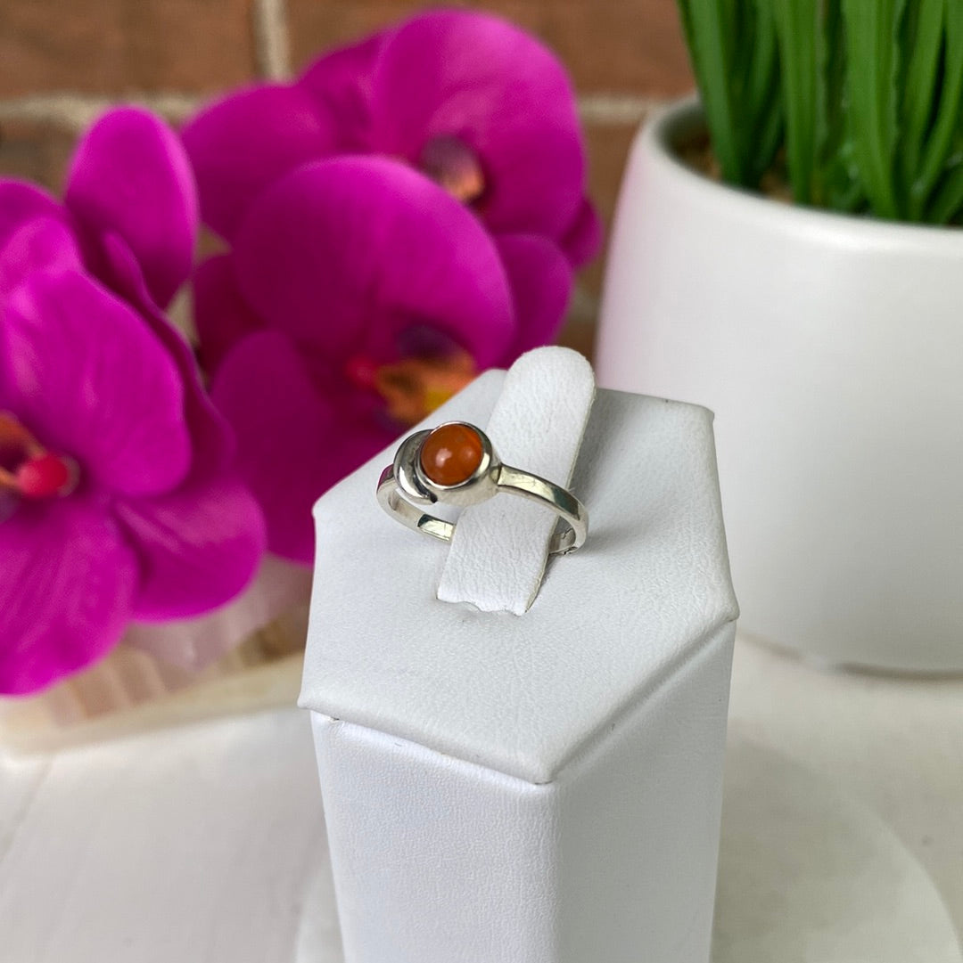Carnelian Round Gemstone Ring with Crescent Moon set in sterling silver with Sized Band