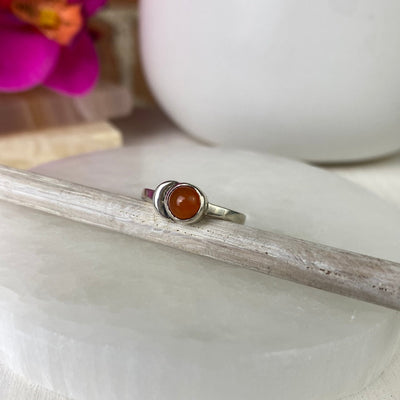 Carnelian Round Gemstone Ring with Crescent Moon set in sterling silver with Sized Band