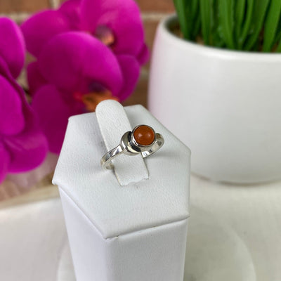 Carnelian Round Gemstone Ring with Crescent Moon set in Sterling Silver with Sized Band