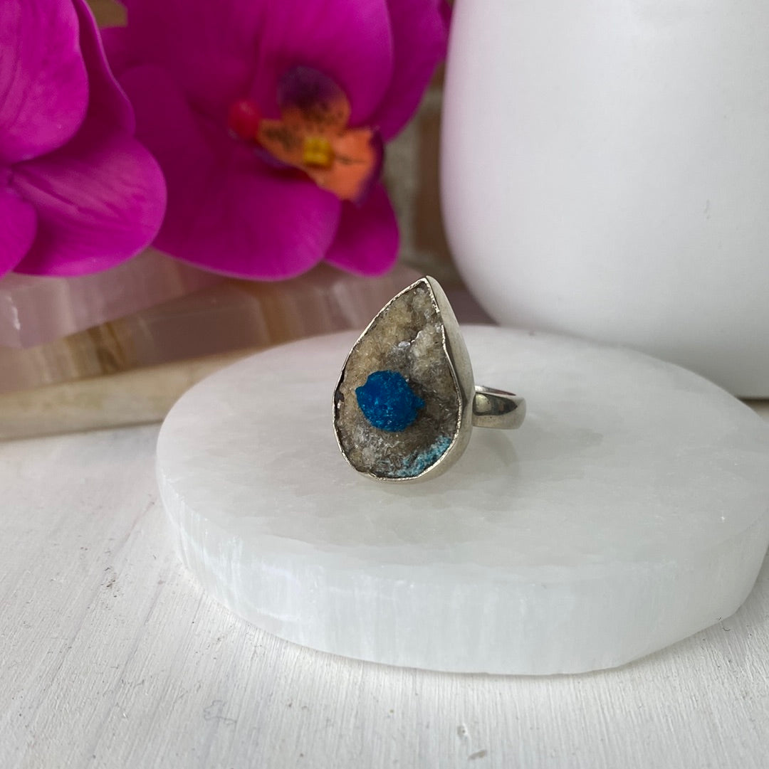 Cavansite Ring Freeform with a sterling silver Sized Band