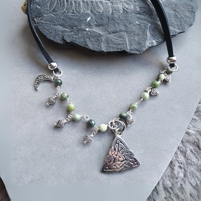 "Celtic Trinity Knot" Pendant, Green Serpentine & Leather Necklace - Artisan Made