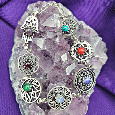 Chakra Hamsa Sacred Symbol Gemstone Bracelet