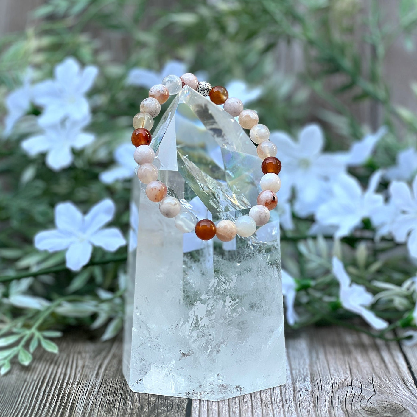 Cherry Blossom Agate & Carnelian Stretch Bracelet - Artisan Made