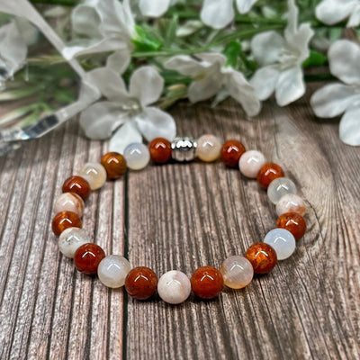 Cherry Blossom Agate & Red Tibetan Agate Stretch Bracelet - Artisan Made