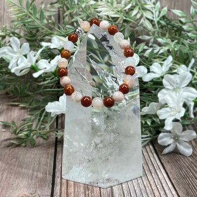 Cherry Blossom Agate & Red Tibetan Agate Stretch Bracelet - Artisan Made