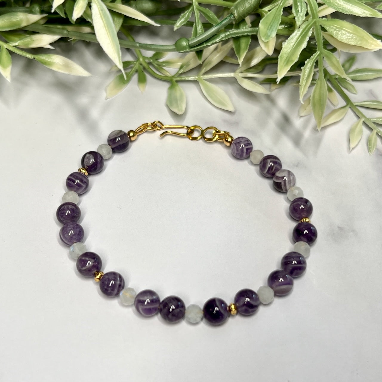 Chevron Amethyst and Rainbow Moonstone Bracelet - Artisan Made