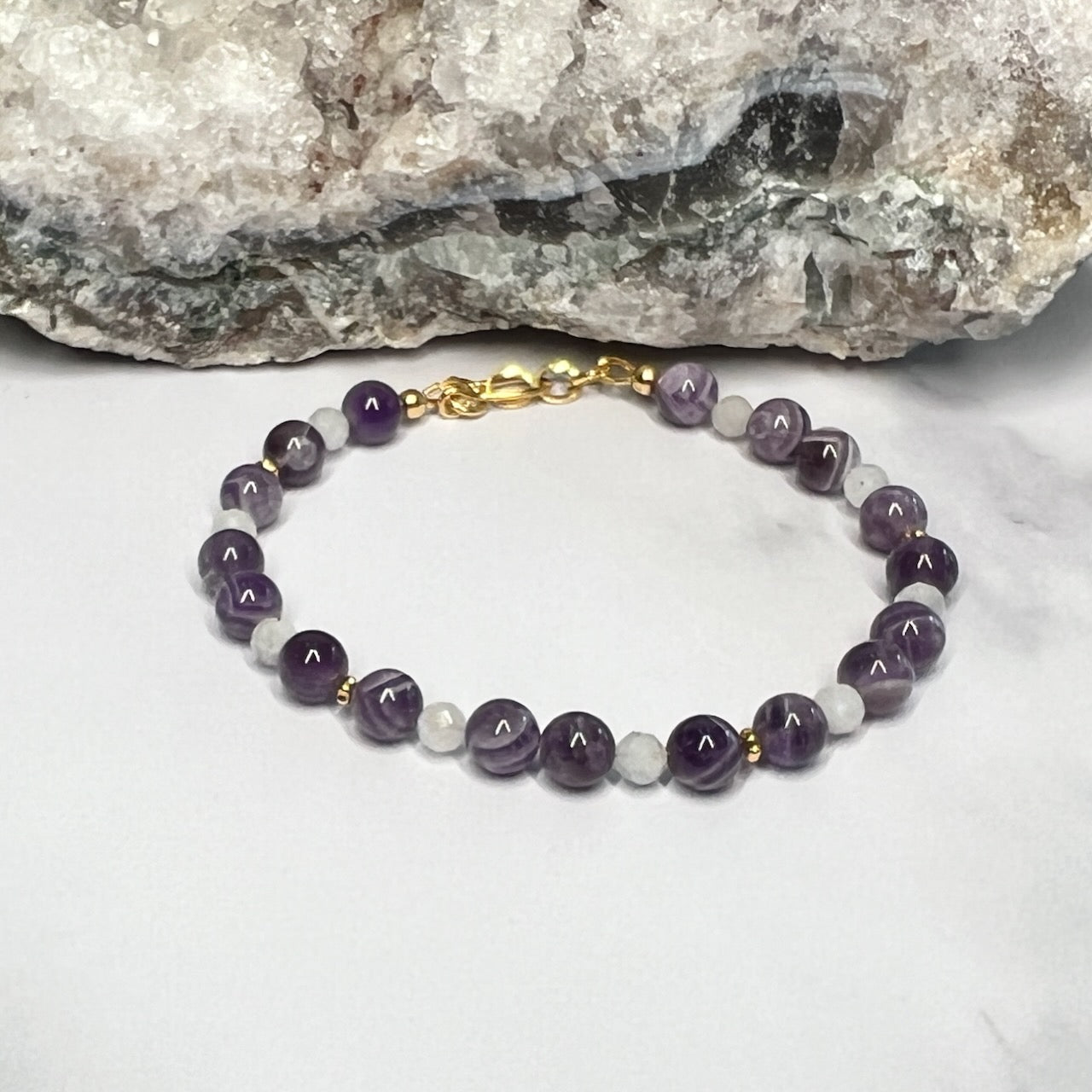 Chevron Amethyst and Rainbow Moonstone Bracelet - Artisan Made