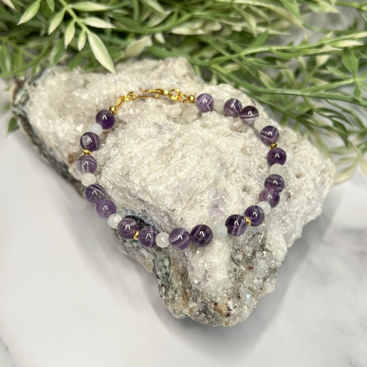 Chevron Amethyst and Rainbow Moonstone Bracelet - Artisan Made