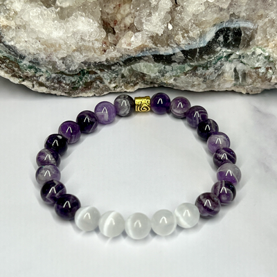 Chevron Amethyst and Selenite Stretch Bracelet - Artisan Made