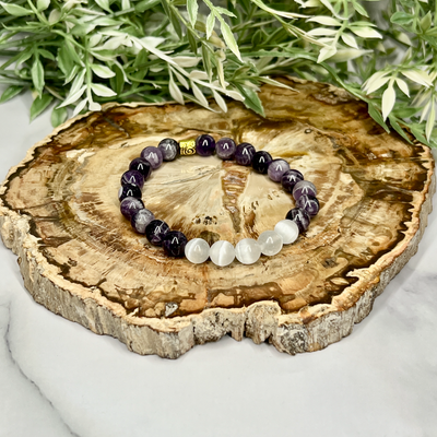 Chevron Amethyst and Selenite Stretch Bracelet - Artisan Made