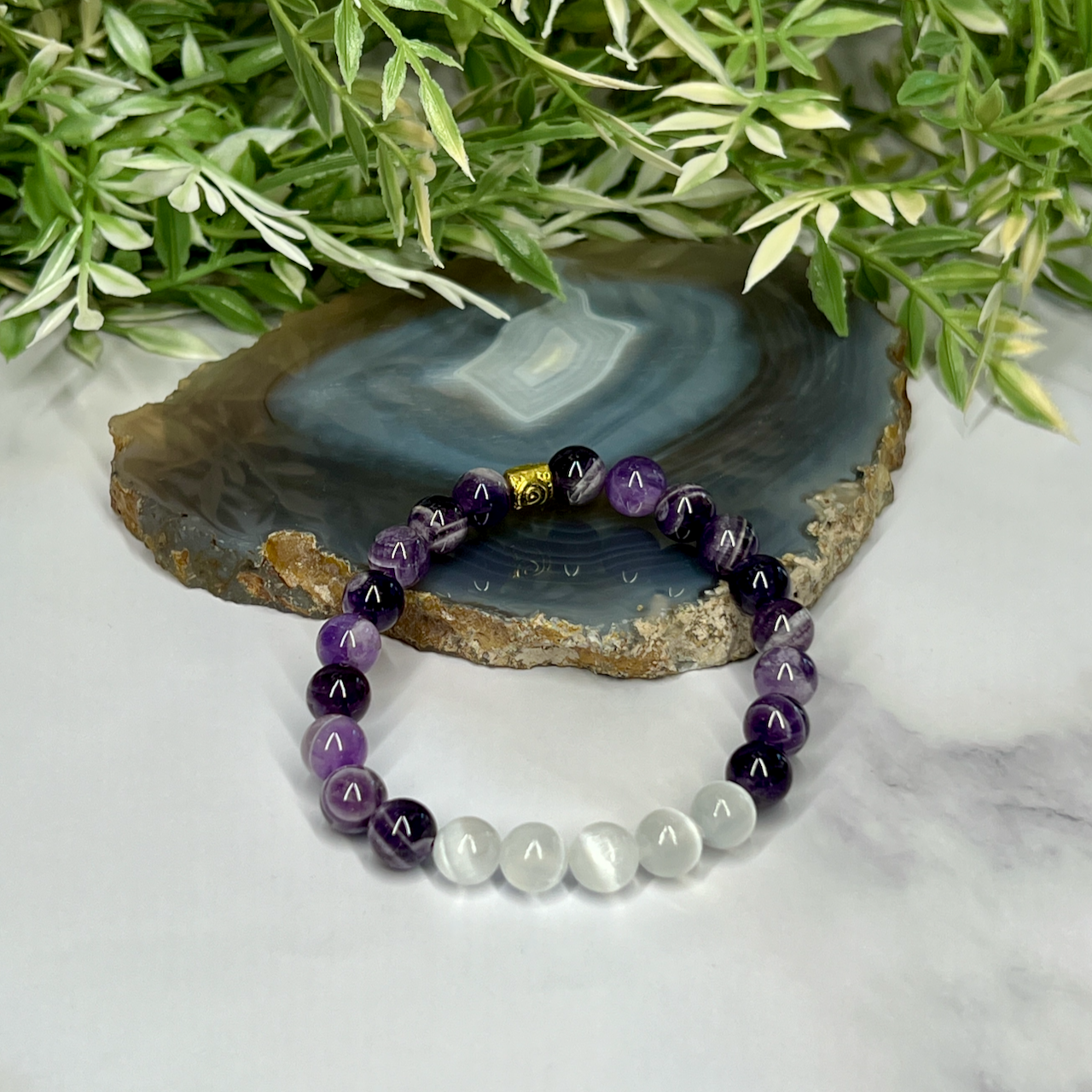 Chevron Amethyst and Selenite Stretch Bracelet - Artisan Made