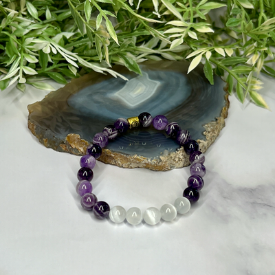 Chevron Amethyst and Selenite Stretch Bracelet - Artisan Made