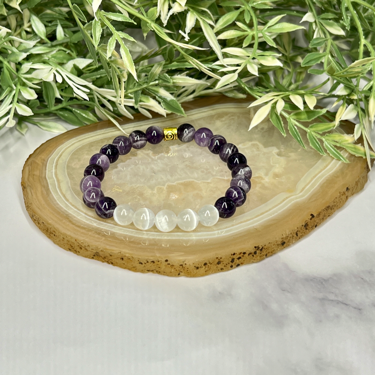 Chevron Amethyst and Selenite Stretch Bracelet - Artisan Made