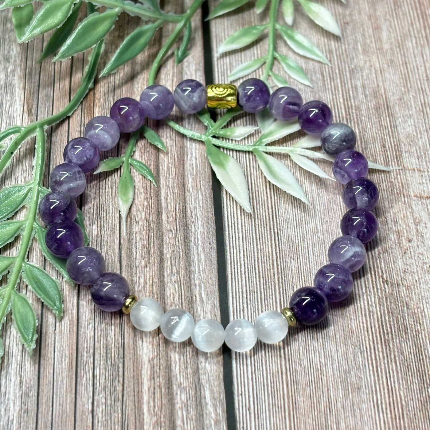 Chevron Amethyst and Selenite Stretch Bracelet - Artisan Made