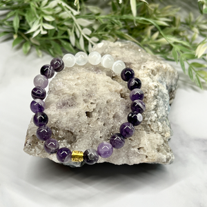 Chevron Amethyst and Selenite Stretch Bracelet - Artisan Made