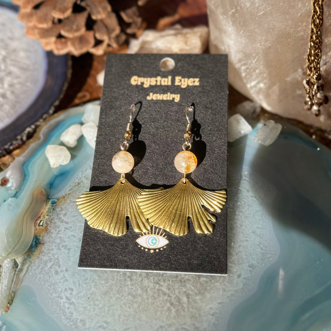 Citrine Ginkgo Leaf Earrings - Artisan Made