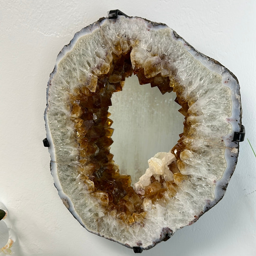 Citrine Slice Mirror with Custom Iron Frame - 9.435kg