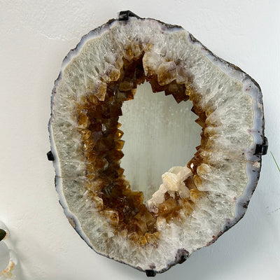 Citrine Slice Mirror with Custom Iron Frame - 9.435kg